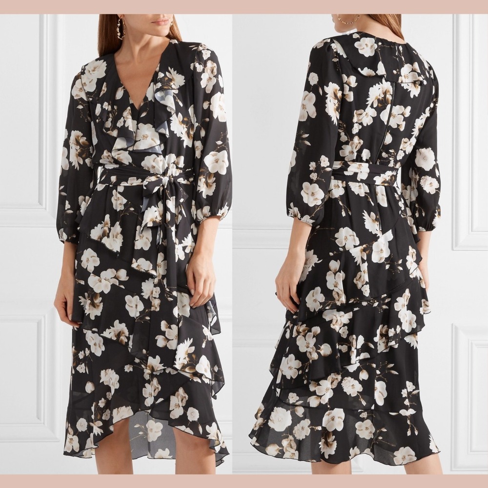 EUC $495 Alice + Olivia‎ [ 2 ] Kye Ruffle Floral Midi Dress Black Blossom U1589
